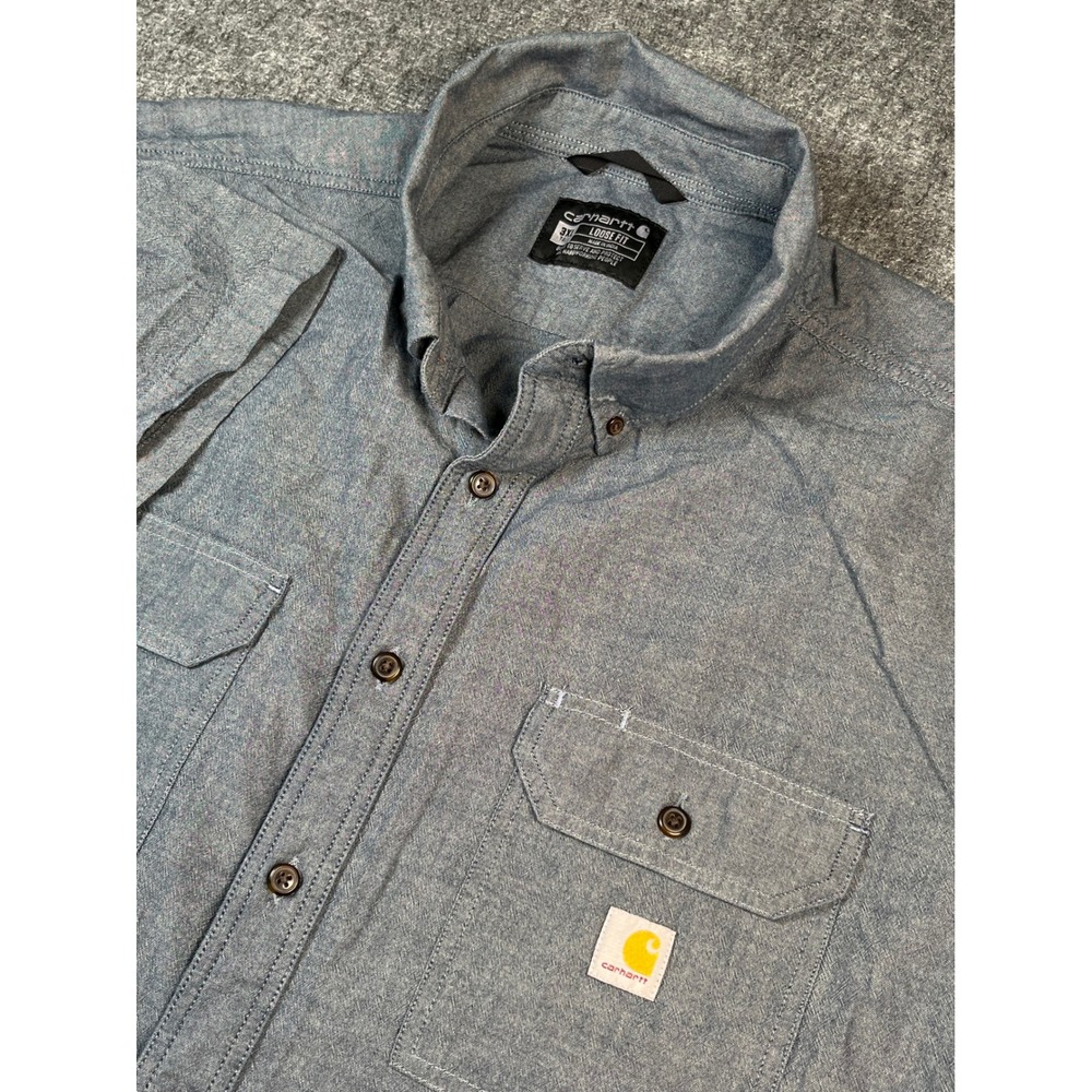 Carhartt Mens 3XL Tall Blue Chambray Workwear Button Up Short‎ Sleeve Shirt